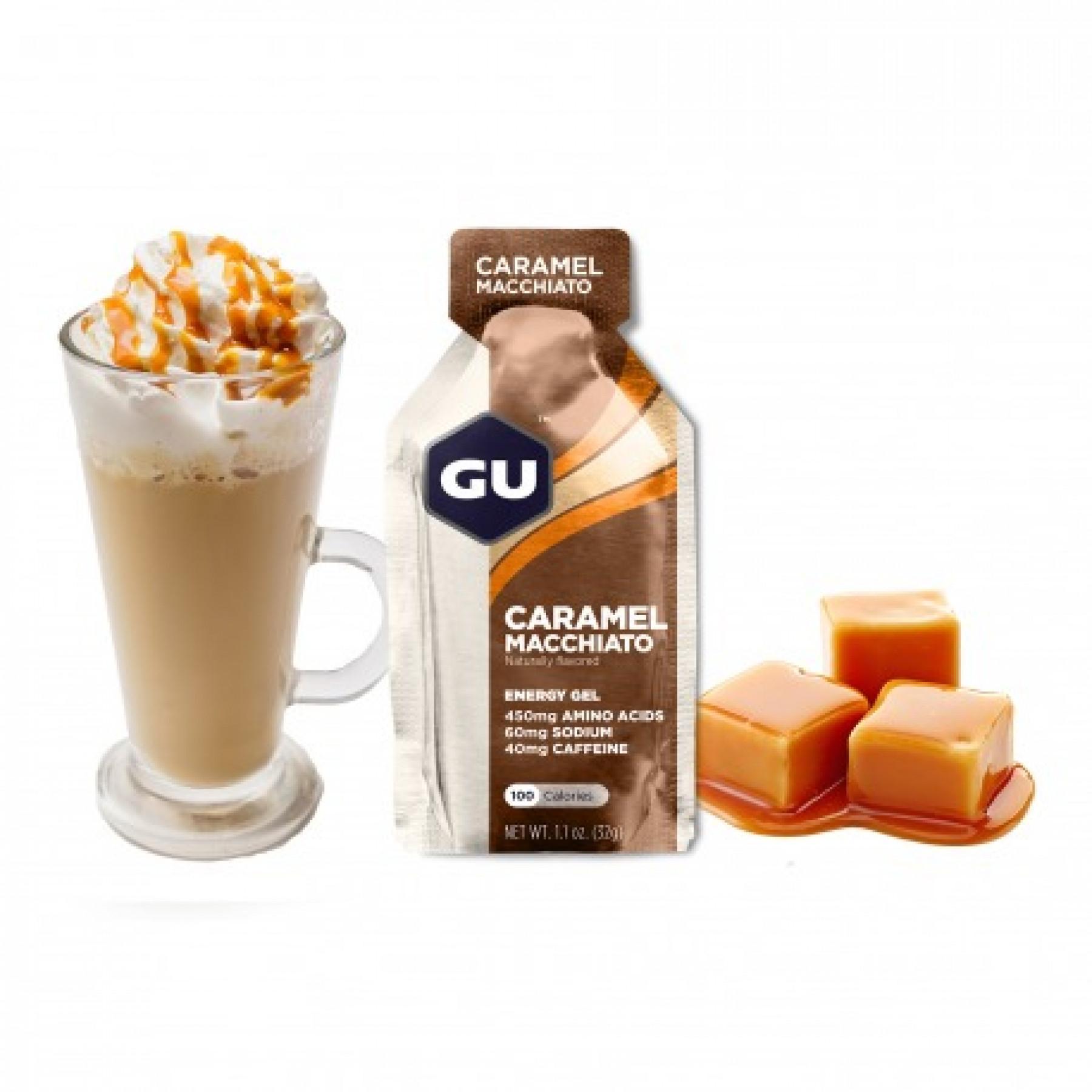 Packung mit 24 Gelen Gu Energy caramel macchiato caféiné